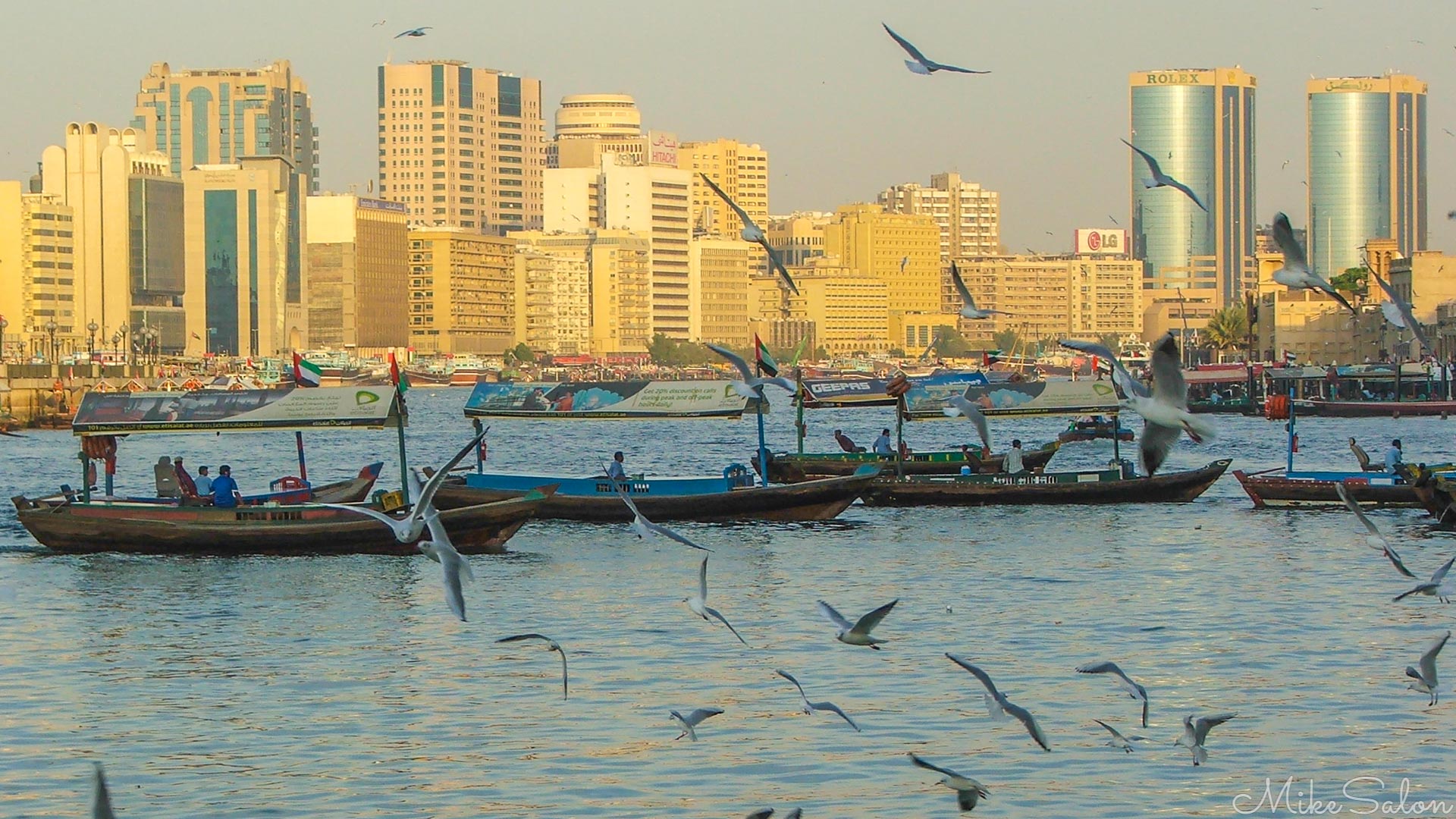 Dubai Skyline : Seagulls swirl around the abra on Dubai Creek as the setting sun gilts the city skyline. (DSCF4653 (1).jpg)<br>Camera: FinePix S5500